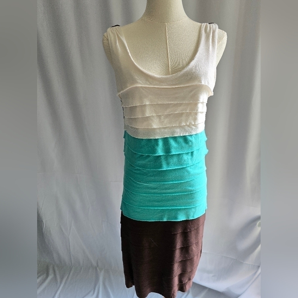 Allen B By Allen Schwartz Colorblock Stretch Dress Turquoise White Brown Sz. S